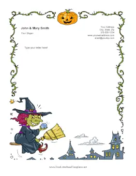 Grinning Witch On Broomstick Letterhead Template